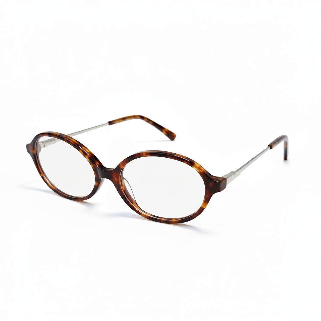 Oval-shaped eyeglasses with tortoiseshell frame on a white background