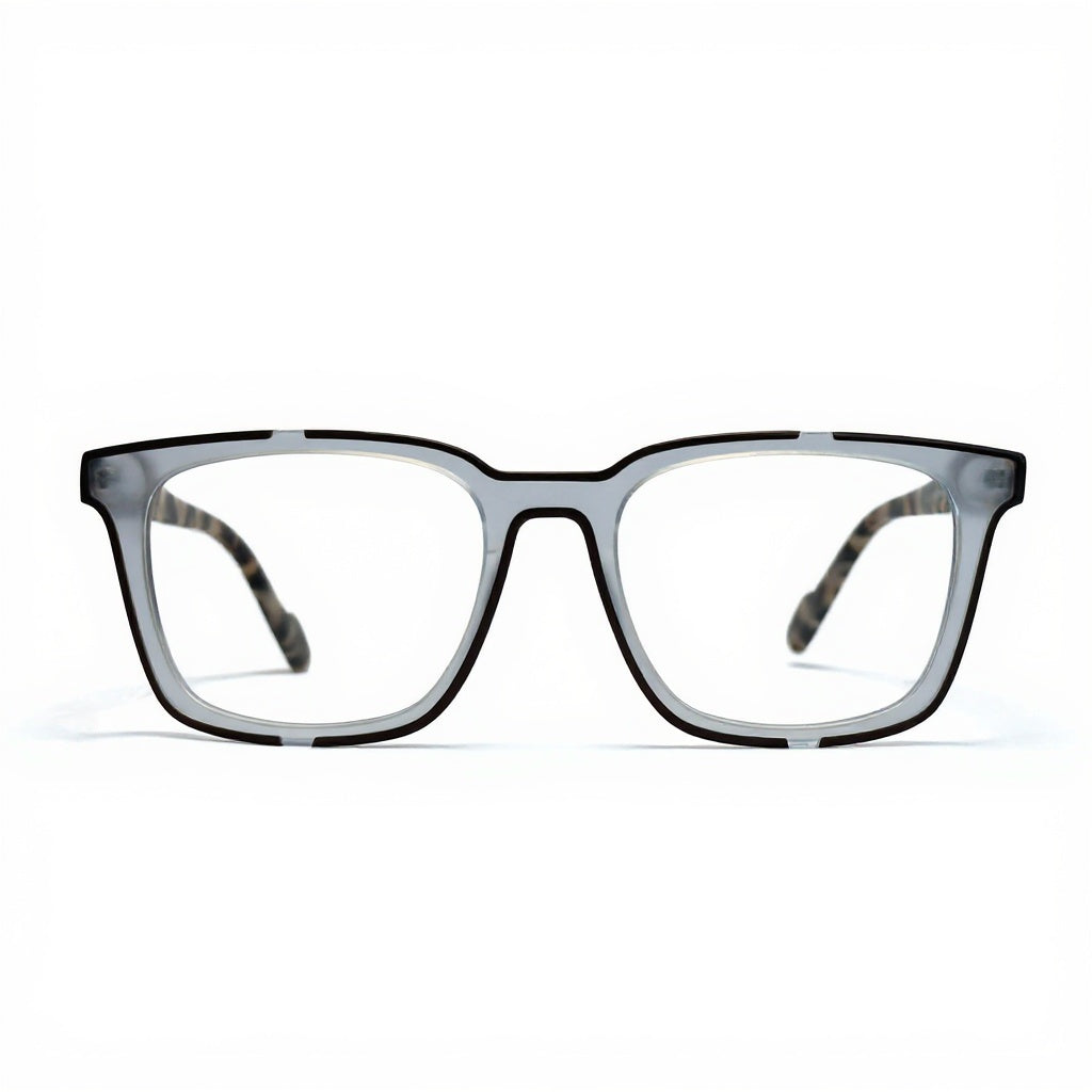 Eyeglasses with a black and gray frame on a white background