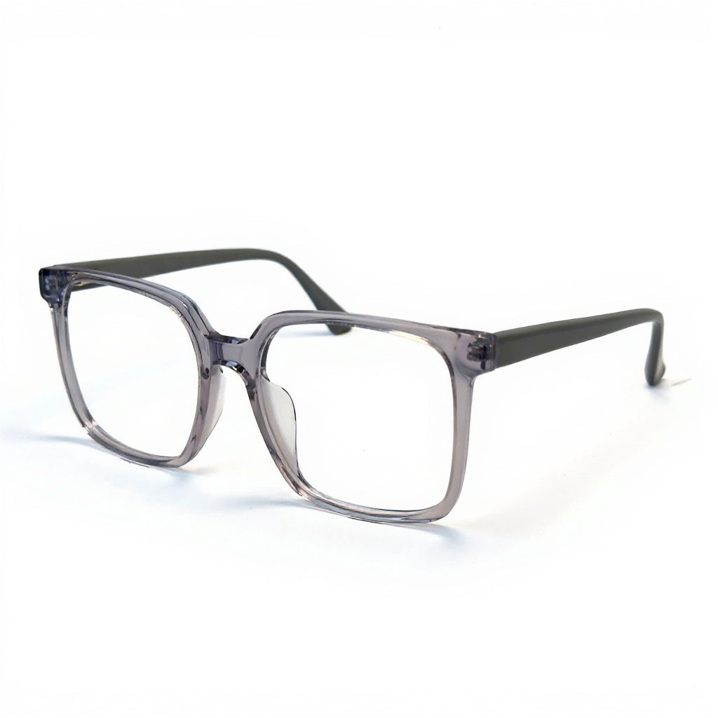 Gray eyeglasses on a white background