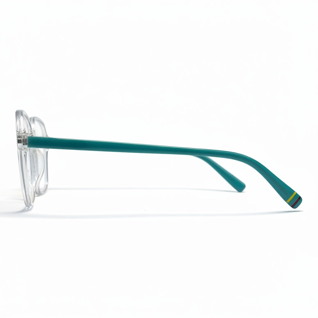 Teal eyeglasses with a clear frame on a white background