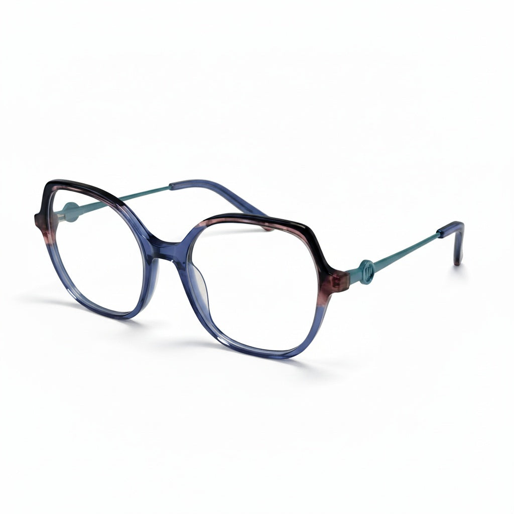 Blue and brown eyeglasses on a white background