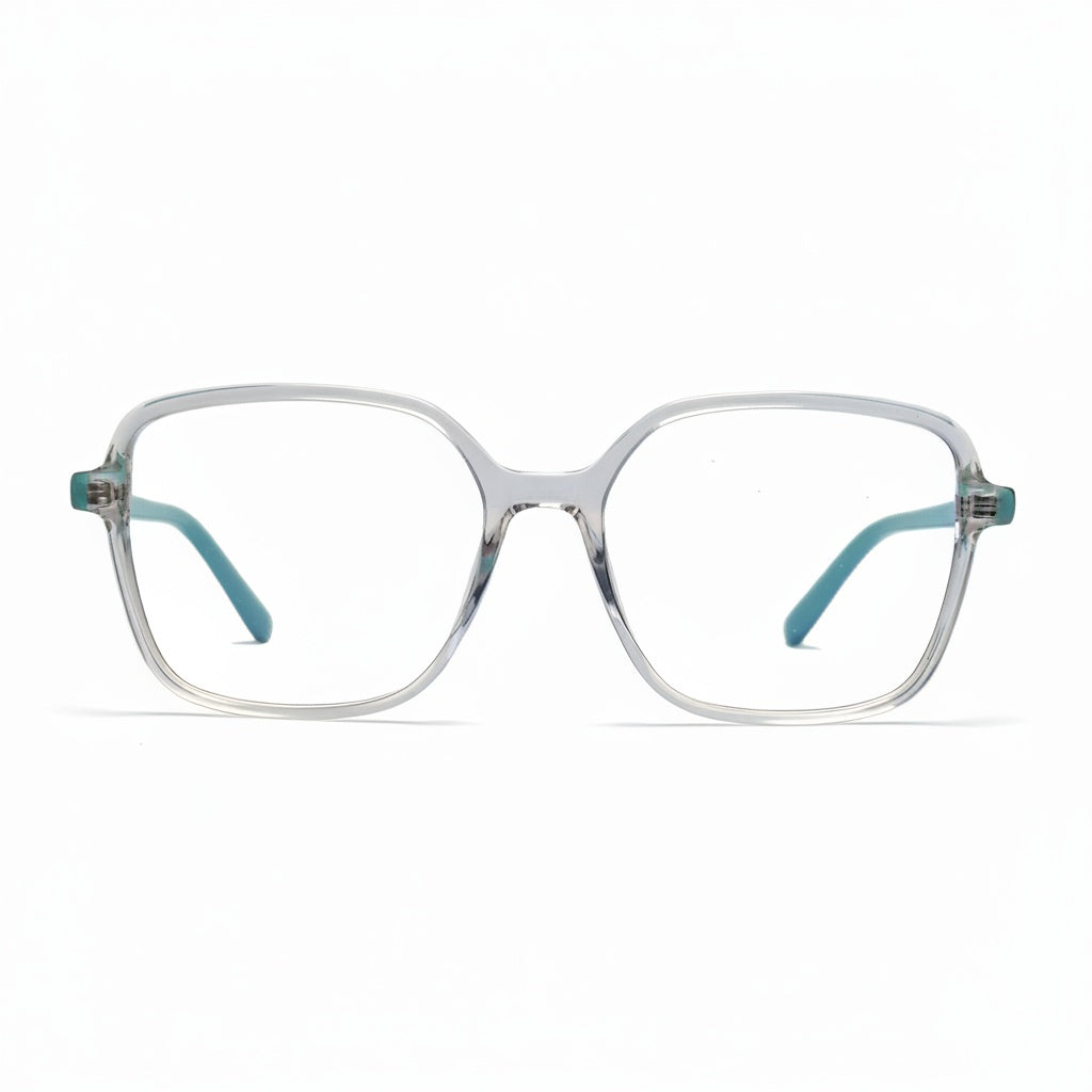 Clear eyeglasses with blue temple tips on a white background