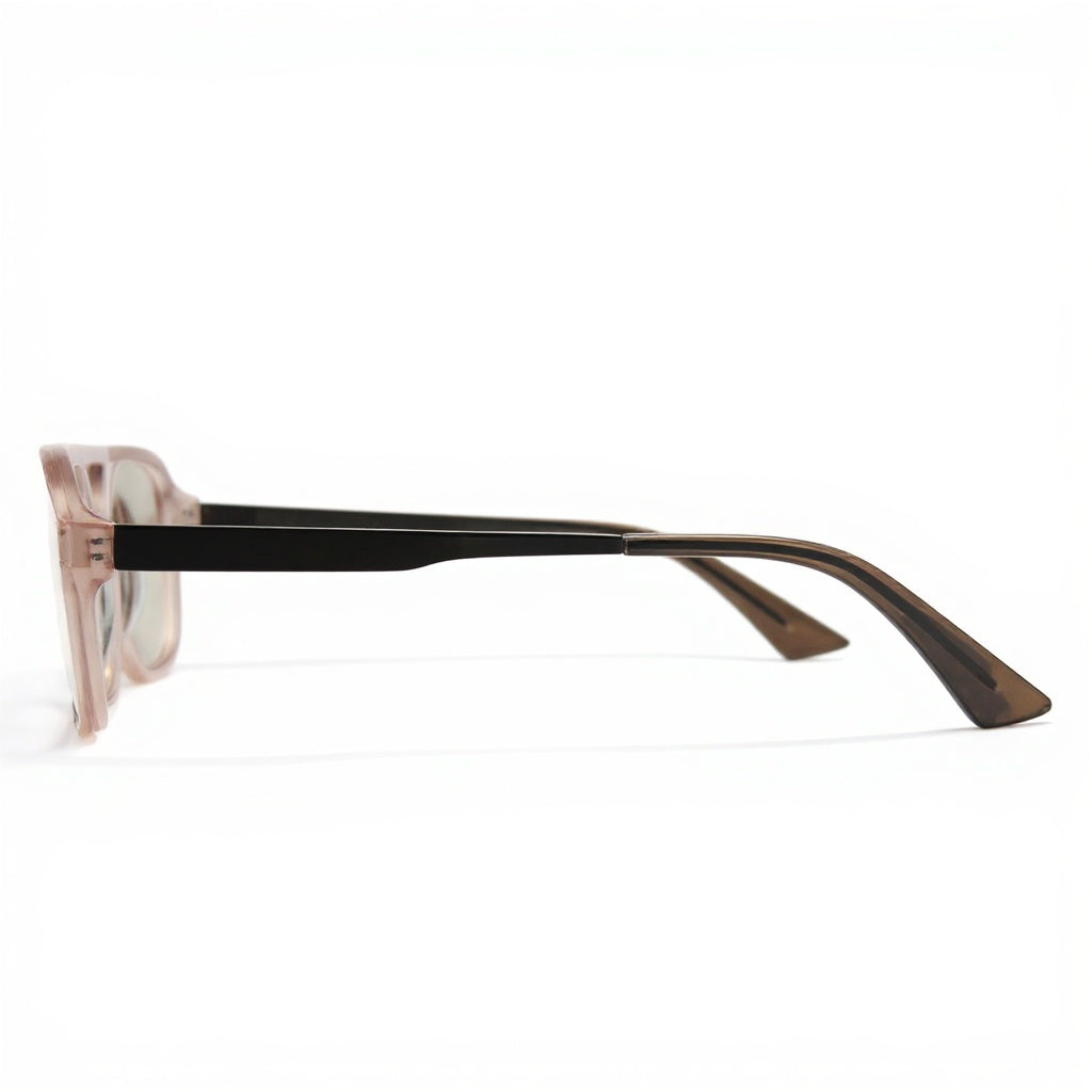 Sunglasses with a black frame and clear lenses on a white background
