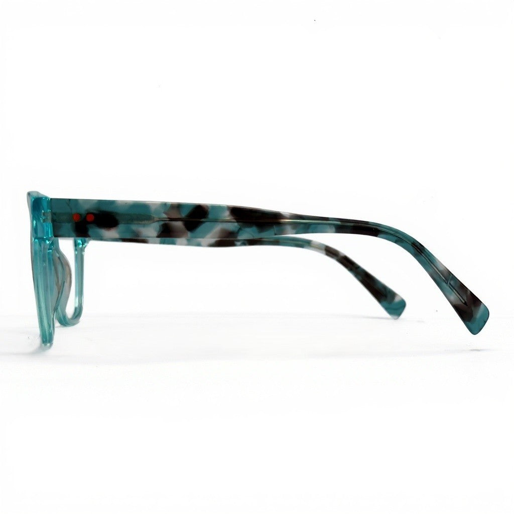 Sunglasses with blue and black patterned frame on a white background