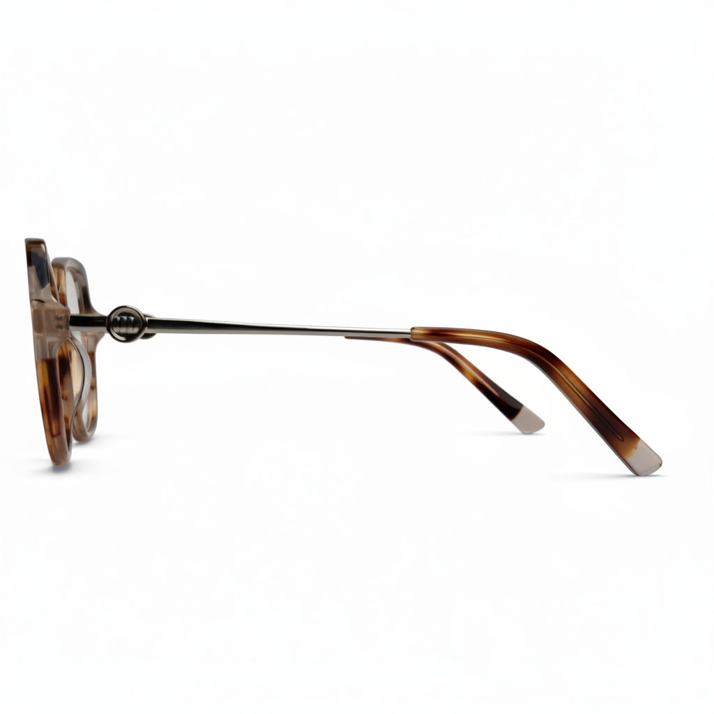 Sunglasses with tortoiseshell frame and white tips on a white background