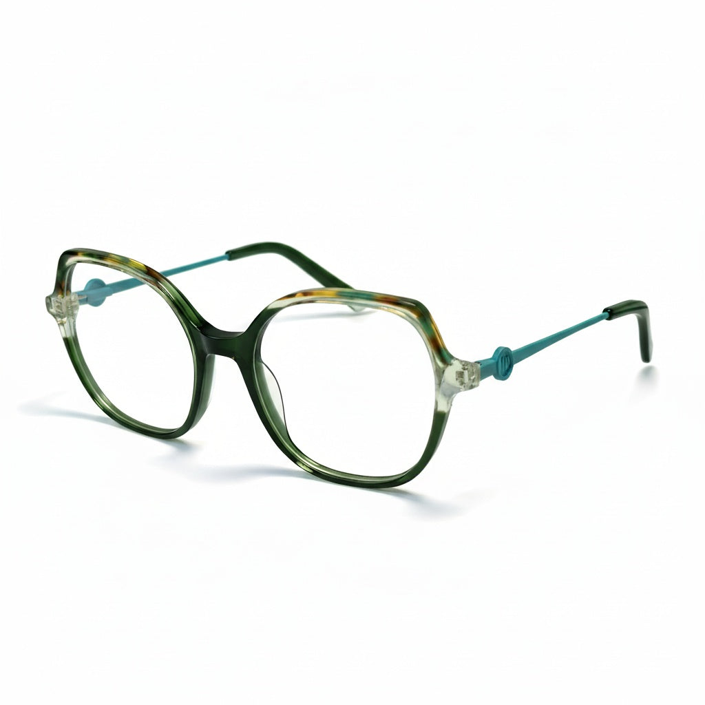 Green eyeglasses with tortoiseshell accents on a white background