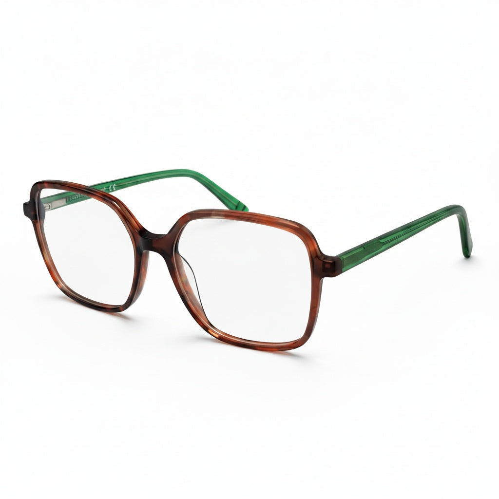 Pair of eyeglasses with a tortoiseshell frame and green arms on a white background