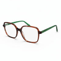 Pair of eyeglasses with a tortoiseshell frame and green arms on a white background