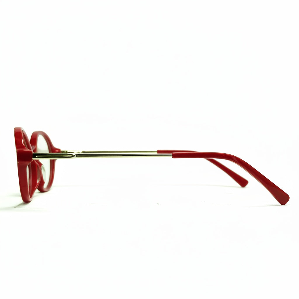Red eyeglasses with gold frame on a white background