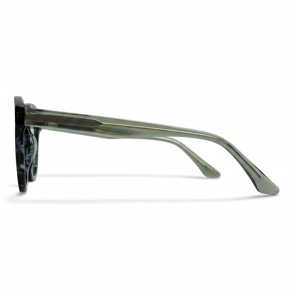 Green sunglasses with a white background