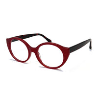 Red eyeglasses with black accents on a white background