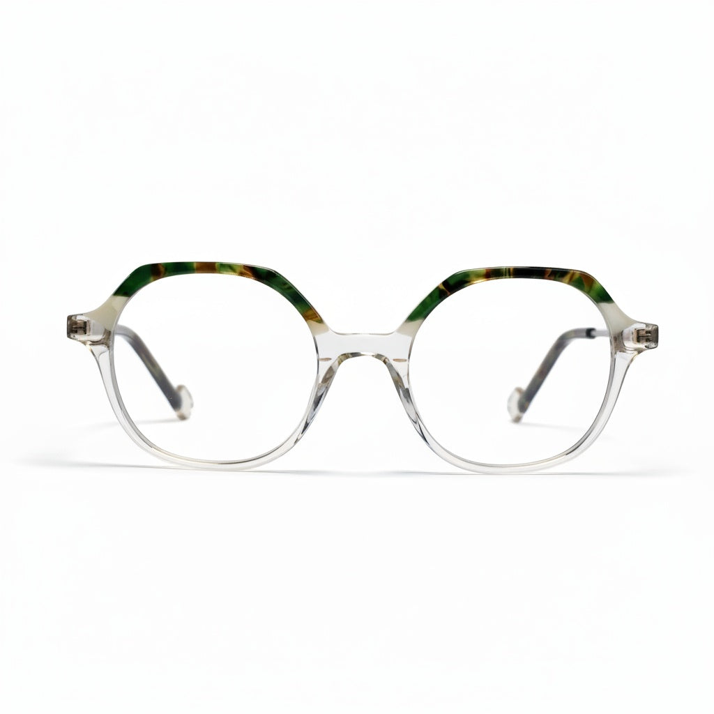 Round eyeglasses with a multicolored frame on a white background
