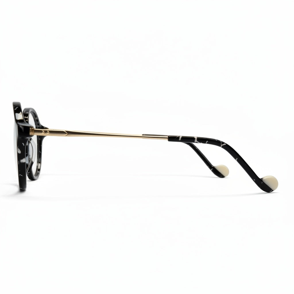 Sunglasses with black and gold frame on a white background