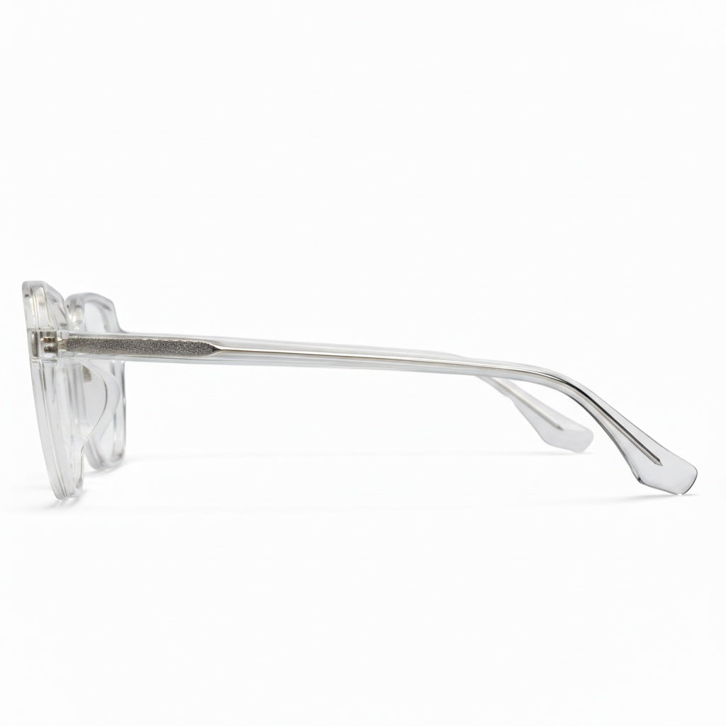 Clear sunglasses with thin metal frame on a white background