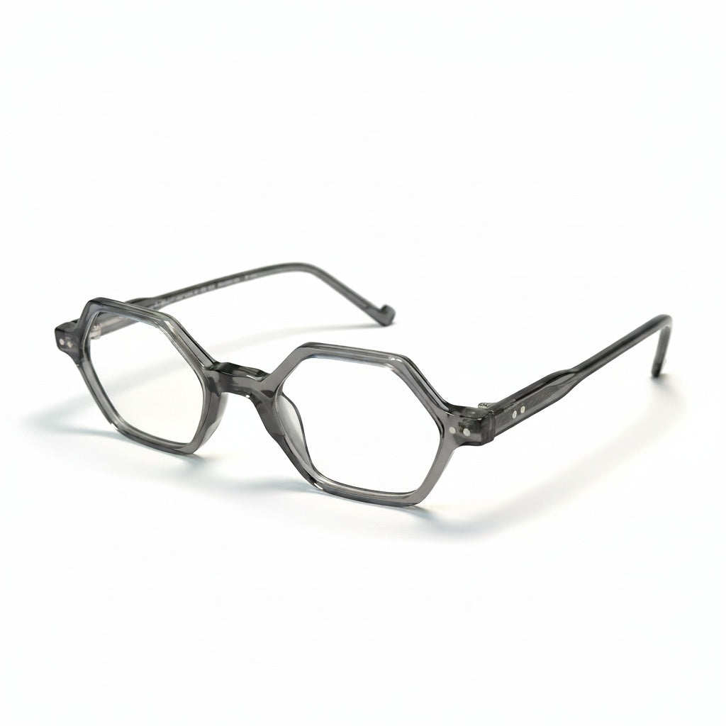 Hexagonal gray eyeglasses on a white background