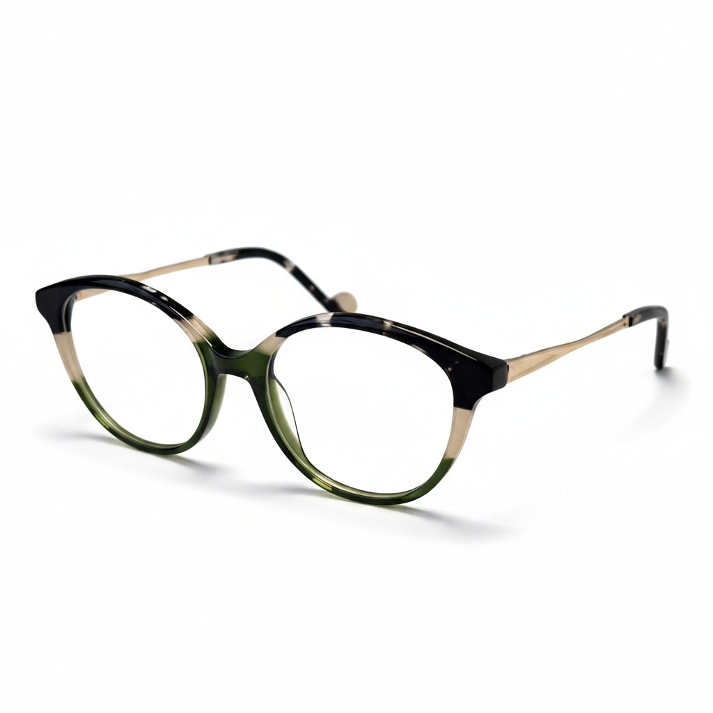 Round eyeglasses with black and gold frame on a white background