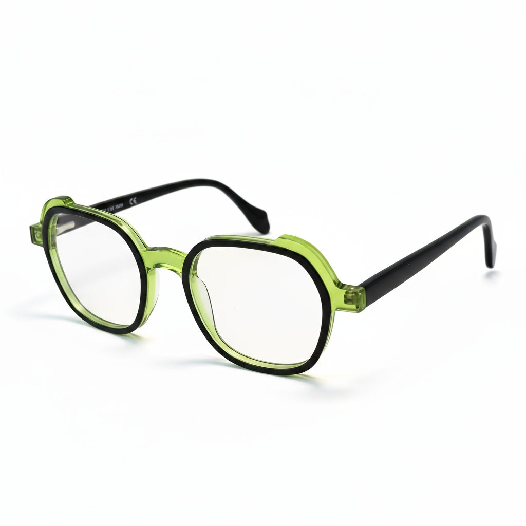 Green and black eyeglasses on a white background