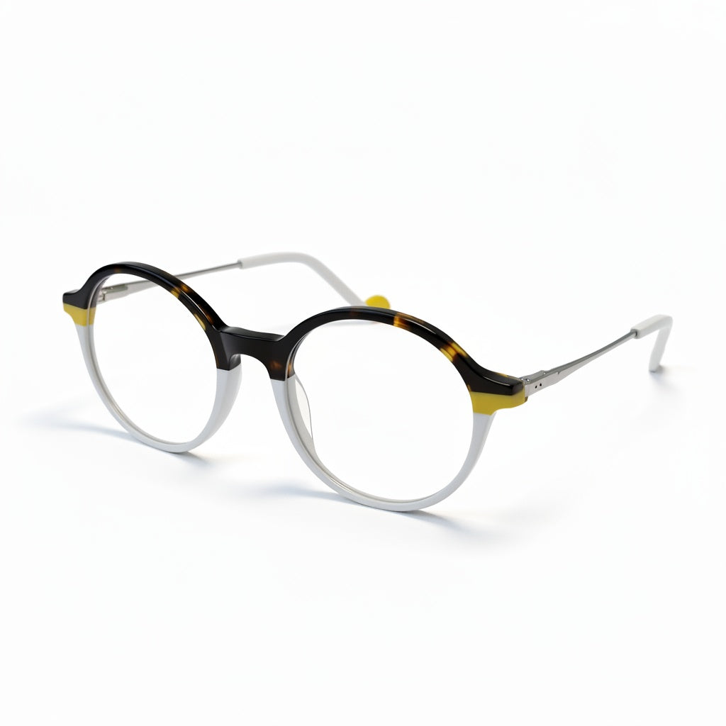 Round eyeglasses with black and yellow frame on a white background