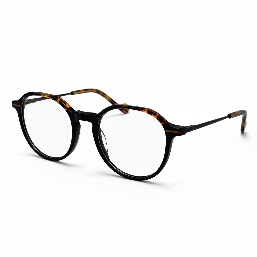Round eyeglasses with a tortoiseshell frame on a white background