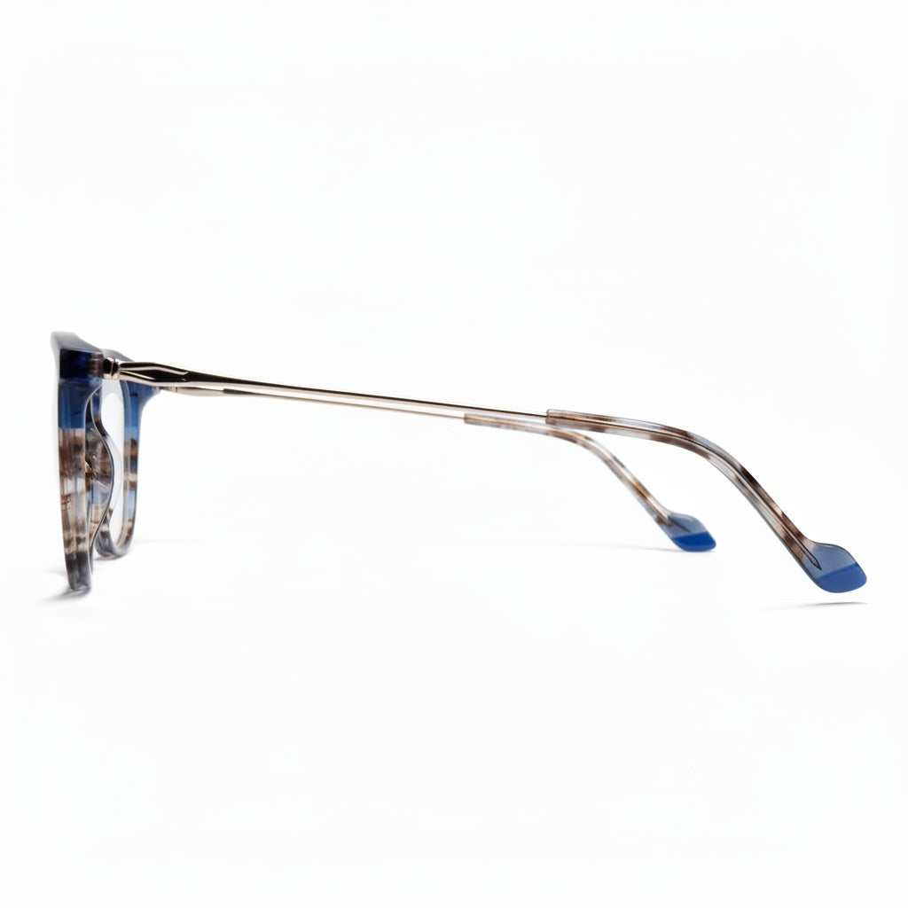 Eyeglasses with a brown frame and blue-tinted lenses on a white background