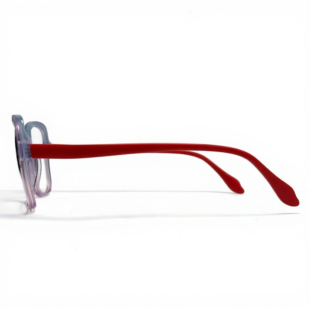 Eyeglasses with red arms on a white background