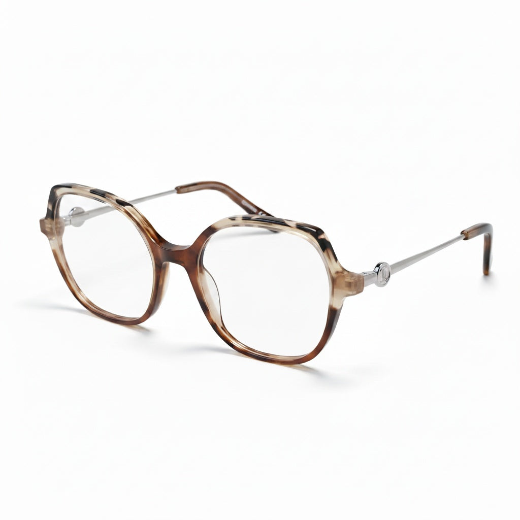 Brown eyeglasses with a tortoiseshell pattern on a white background