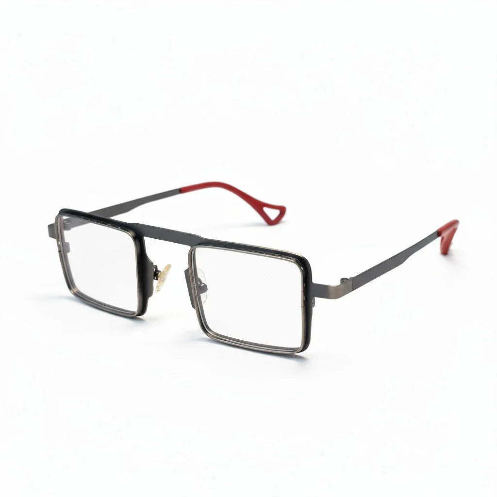 Black and red eyeglasses on a white background