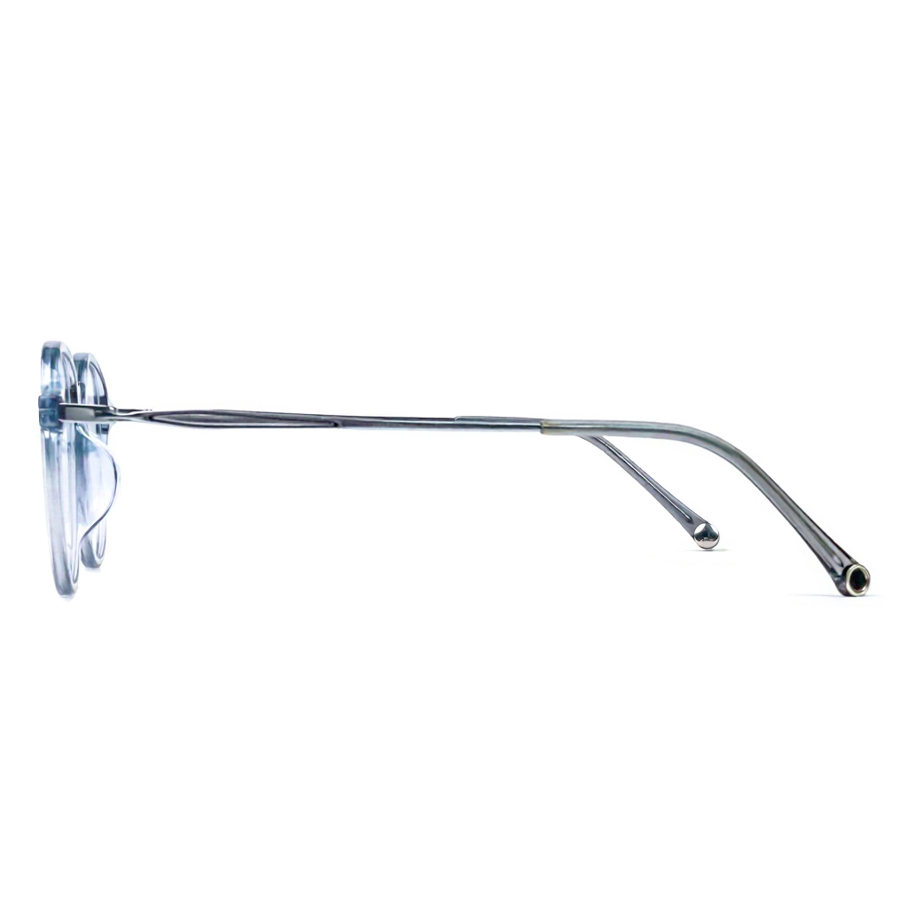 Round eyeglasses with a clear frame on a white background