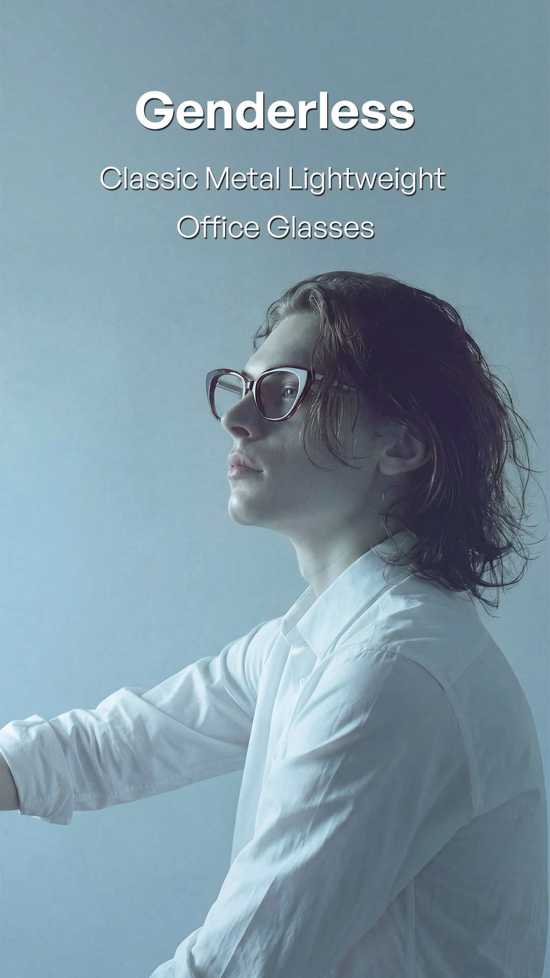 A person in a white shirt wearing rectangular metal office glasses, shown in profile against a pale blue background with text reading 'Genderless Classic Metal Lightweight Office Glasses'.