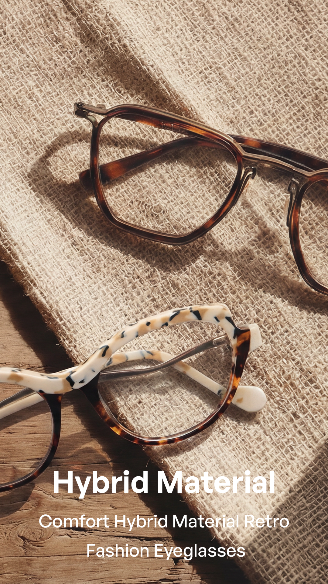 Two pairs of retro-style eyeglasses displayed on a textured beige fabric surface. The top pair has a brown tortoiseshell frame, and the bottom pair has a hybrid tortoiseshell and white patterned frame.