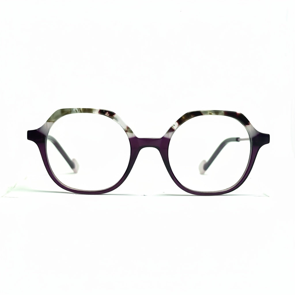 Round eyeglasses with a purple frame on a white background