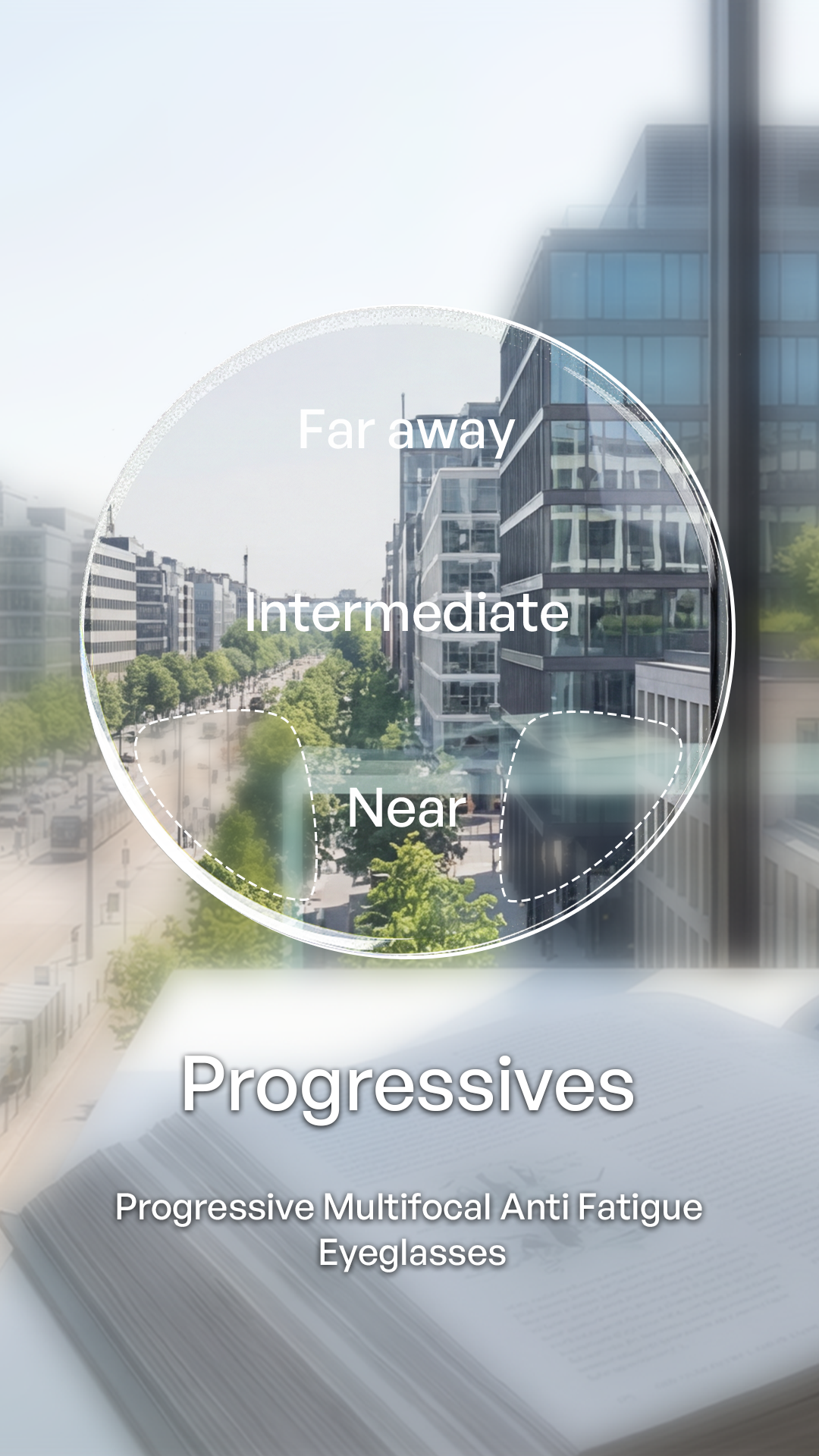 Progressives progressive multifocal anti fatigue eyeglasses shown with a blurred city street background and a large circular overlay indicating faraway, intermediate, and near focus zones.