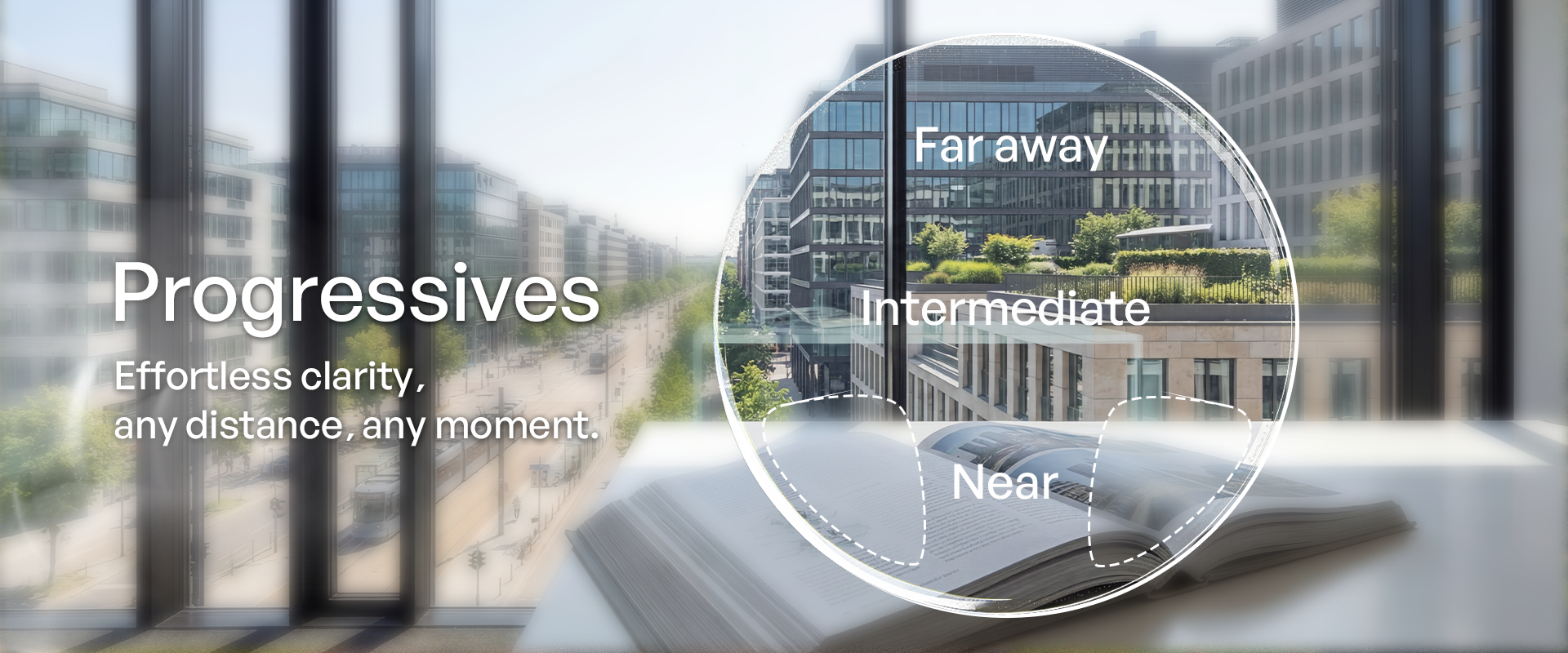 A modern office interior with large windows, a blurred cityscape outside, and a semi-transparent circular overlay showing the words 'Far away', 'Intermediate', and 'Near' over a building. White text on the left reads 'Progressives' and 'Effortless clarity, any distance, any moment.