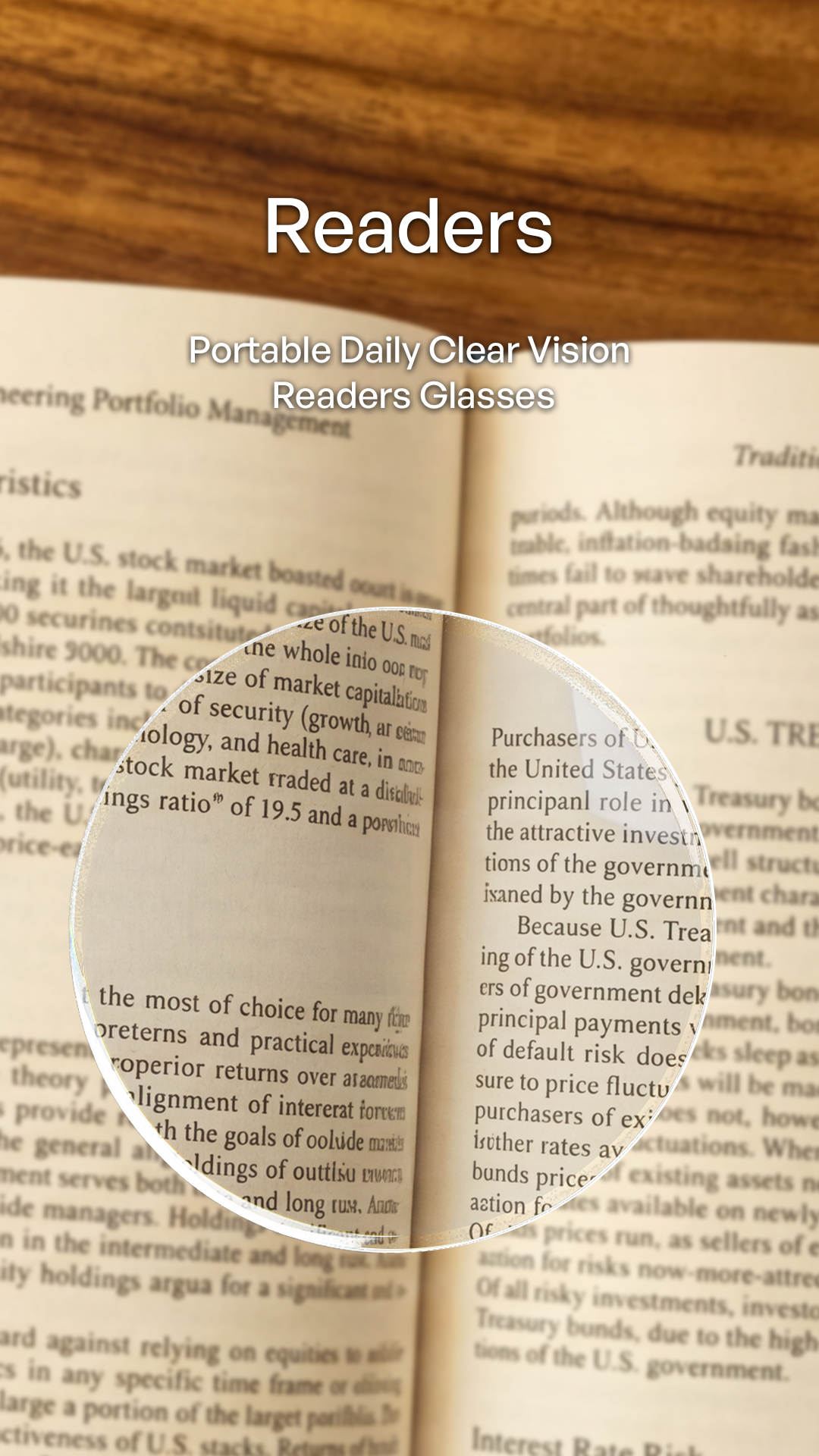 A close-up of an open book with the word 'Readers' at the top and a magnifying glass overlay highlighting readable text. Smaller text reads 'Portable Daily Clear-Vision Readers Glasses.
