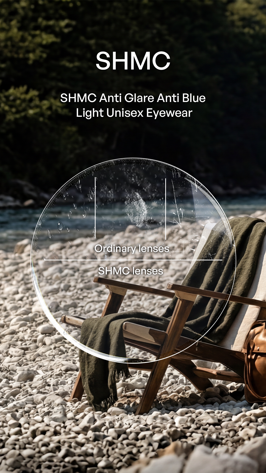 A promotional graphic for SHMC anti glare and blue light unisex eyewear, showing a wooden beach chair on a pebble shore with a blanket draped over it. A large transparent circular overlay highlights the lens comparison between ordinary lenses and SHMC lenses, with text at the top reading 'SHMC' and descriptive copy.