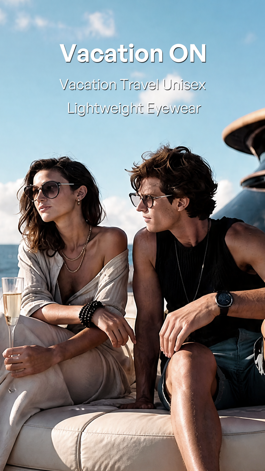 Two models sitting outdoors by the sea wearing sunglasses and casual lounge attire, with the text 'Vacation ON' and 'Vacation Travel Unisex Lightweight Eyewear' overlaid at the top.