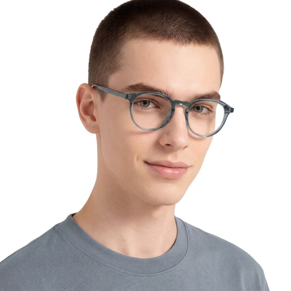 Person wearing gray eyeglasses on a white background