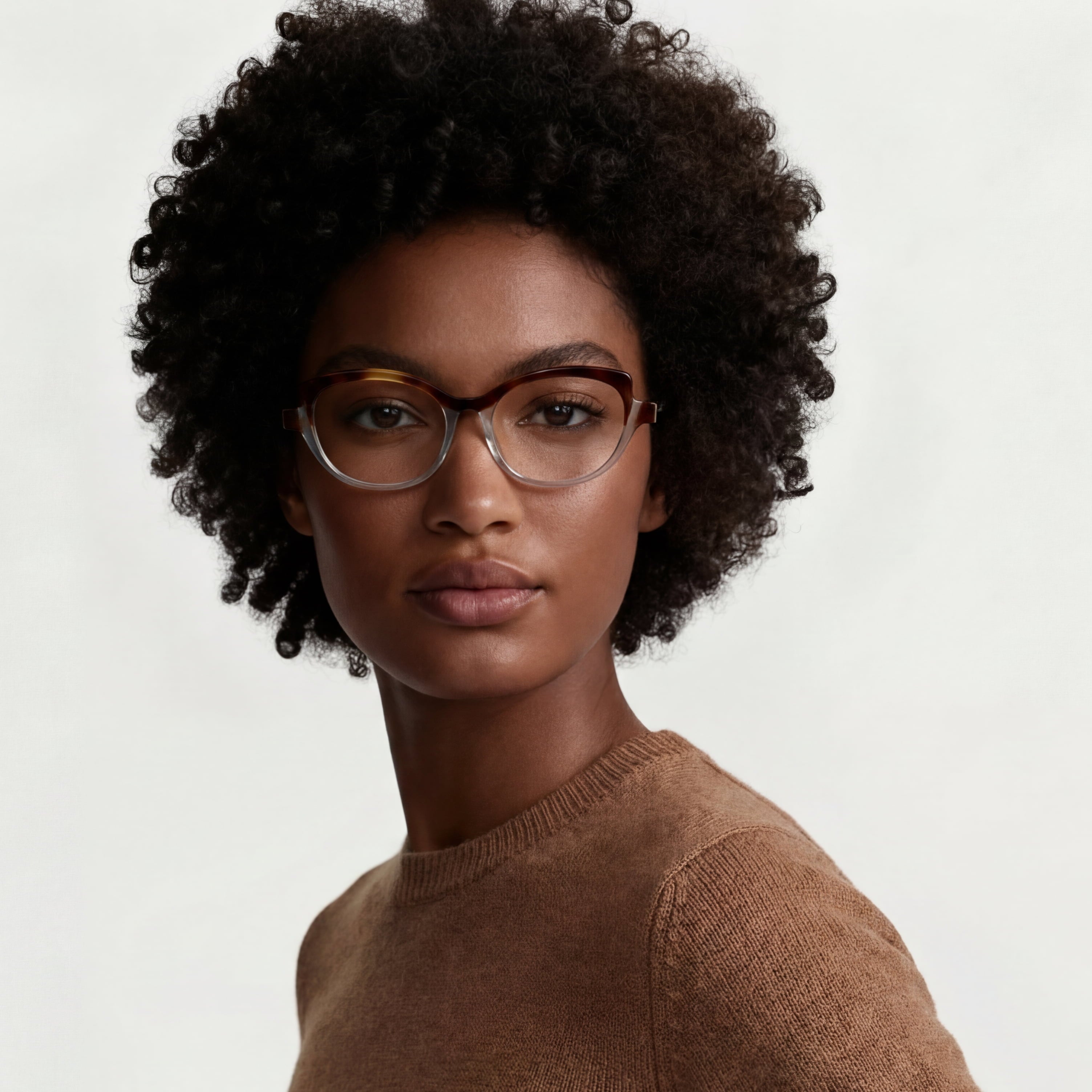 Woman wearing glasses and a brown sweater against a plain background