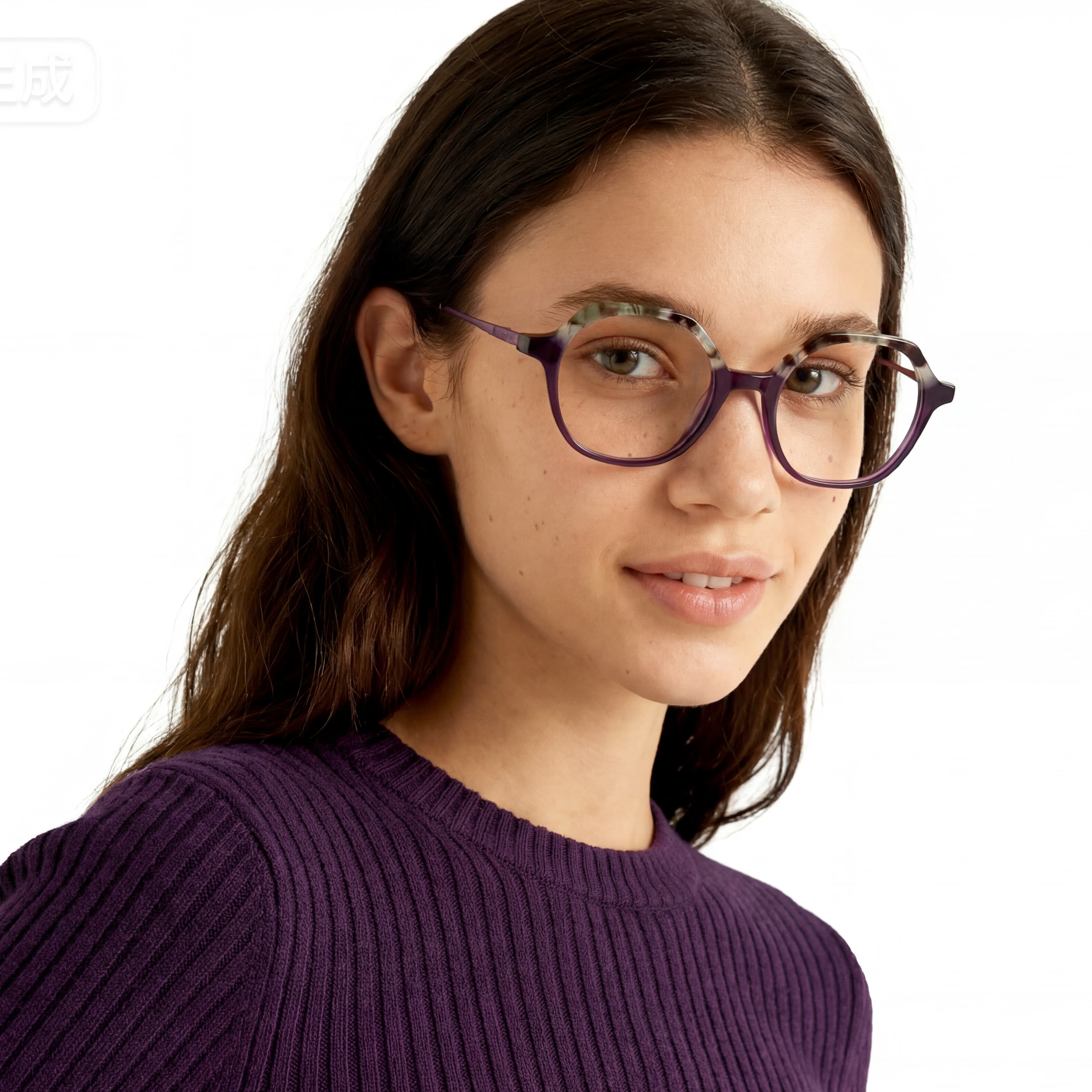 Woman wearing purple glasses and a matching sweater on a white background