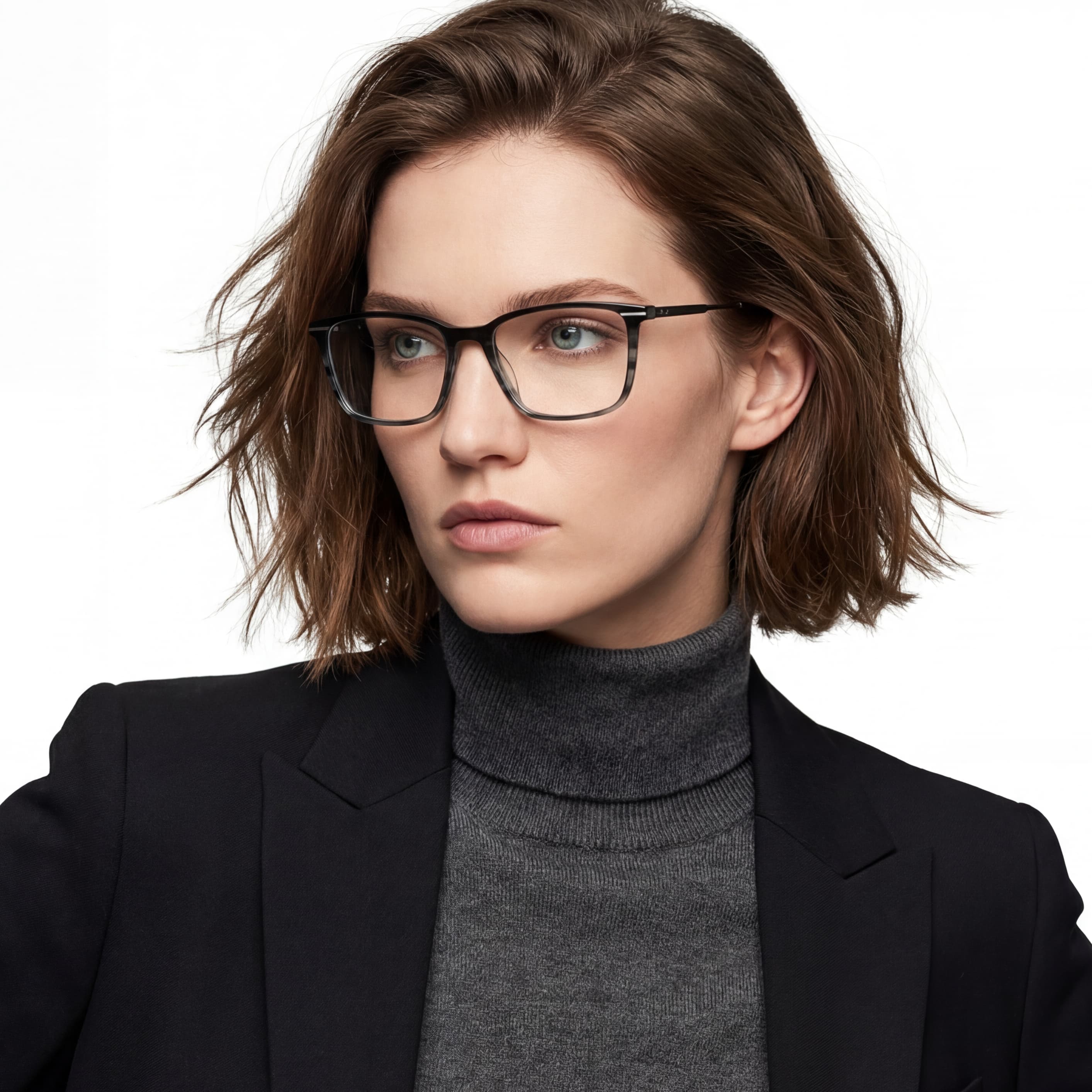 Woman wearing glasses and a black blazer with a gray turtleneck on a white background