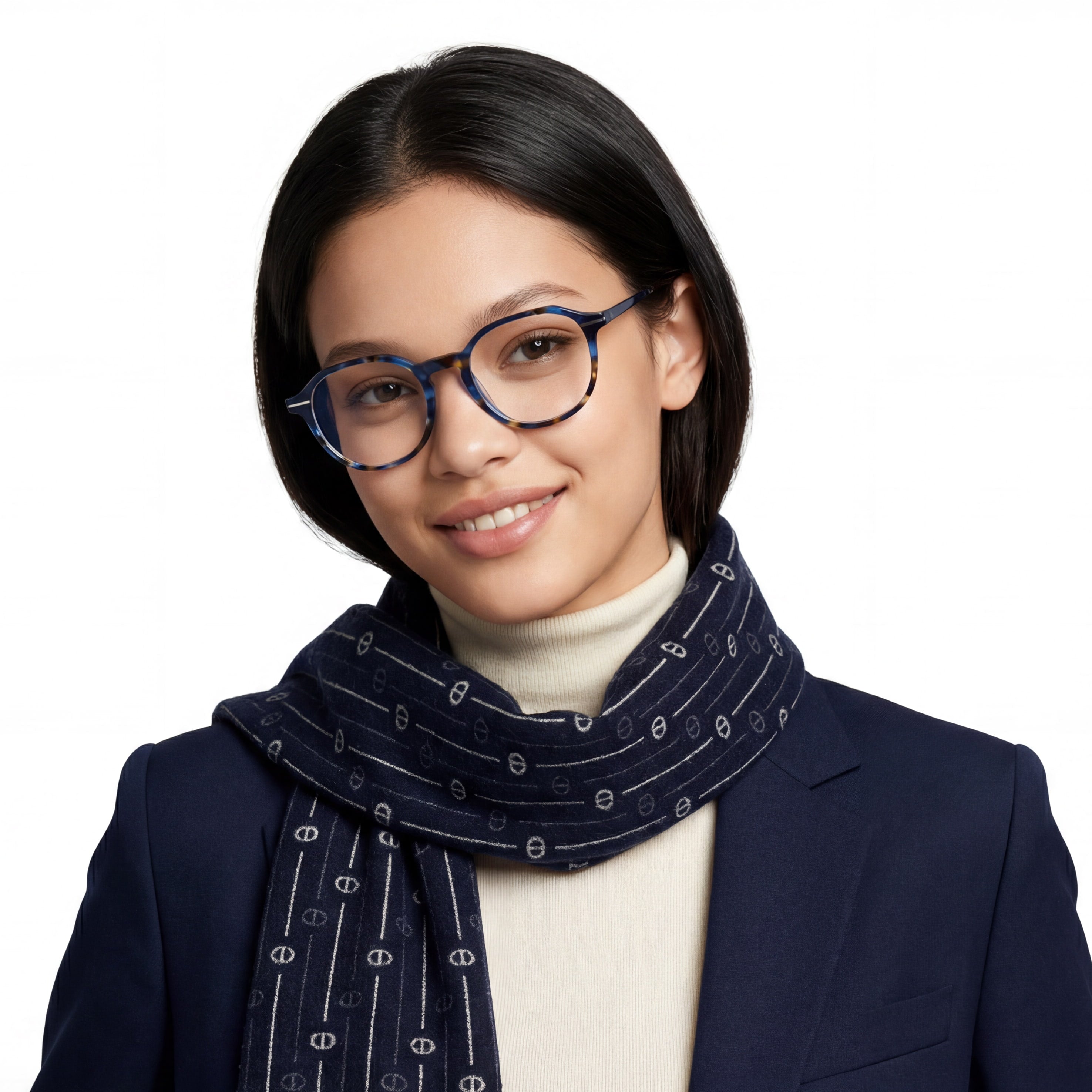 Woman wearing a navy blue scarf with a white background