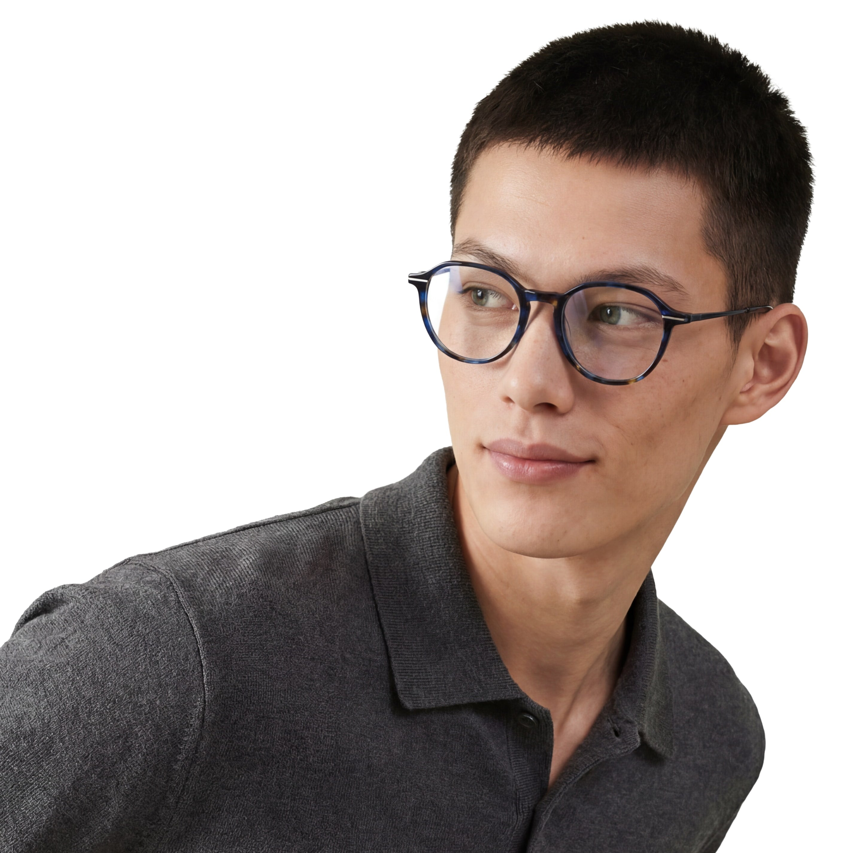 Man wearing glasses and a dark gray shirt on a white background