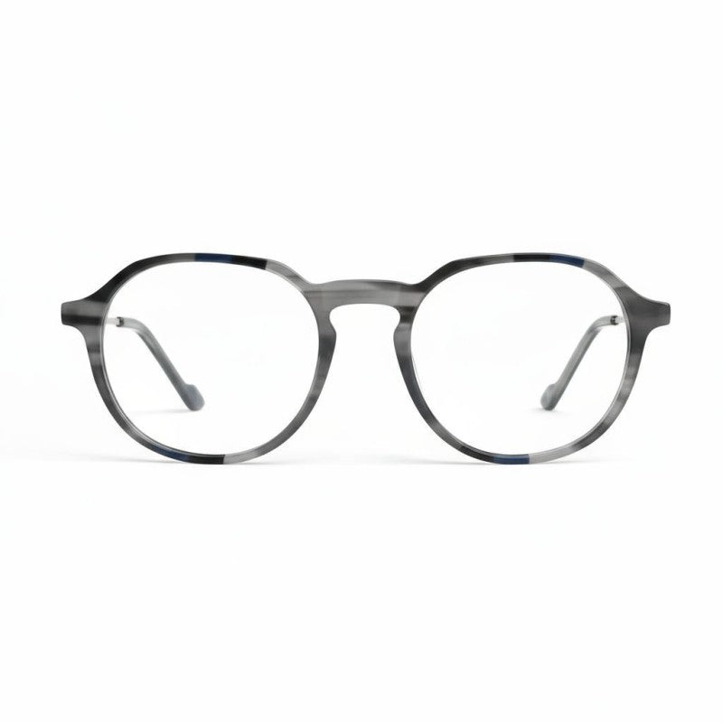 Round eyeglasses with a gray and black frame on a white background