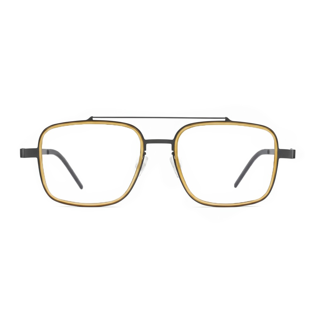 Gold and black eyeglasses on a white background