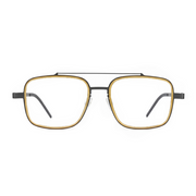 Gold and black eyeglasses on a white background