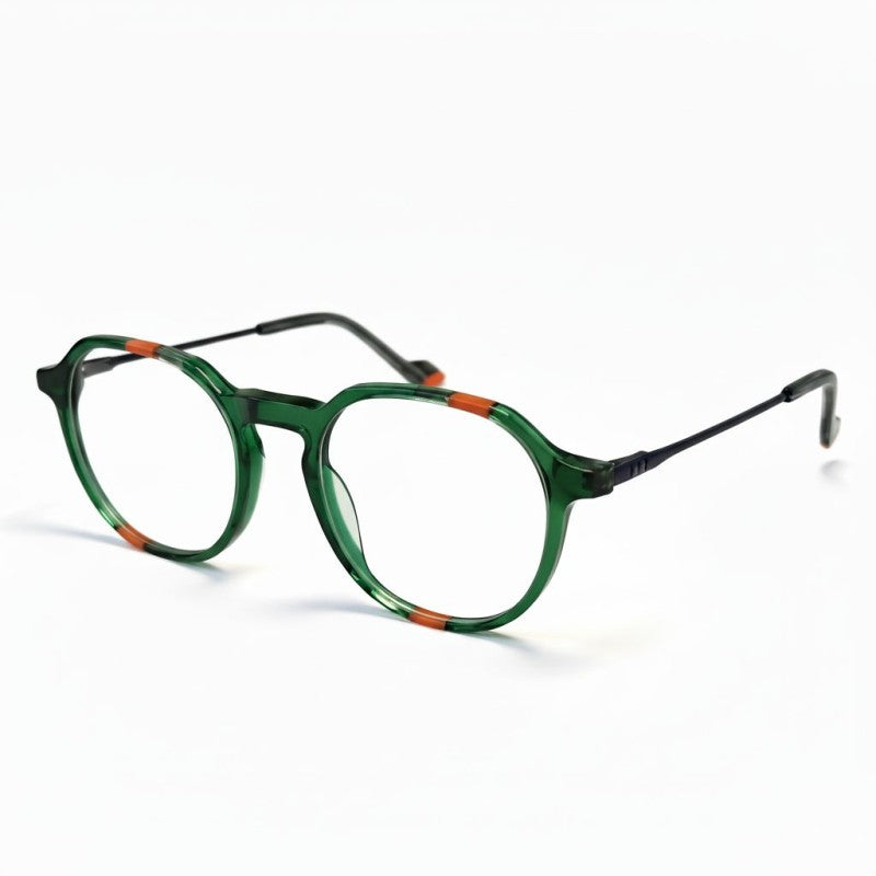 Green eyeglasses with orange accents on a white background