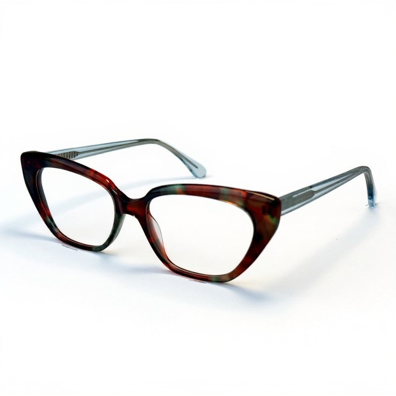 Cat-eye glasses with tortoiseshell frame on a white background
