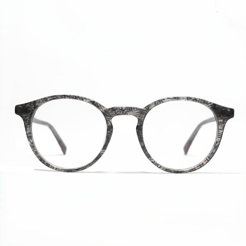 Round eyeglasses with a black and gray pattern on a white background