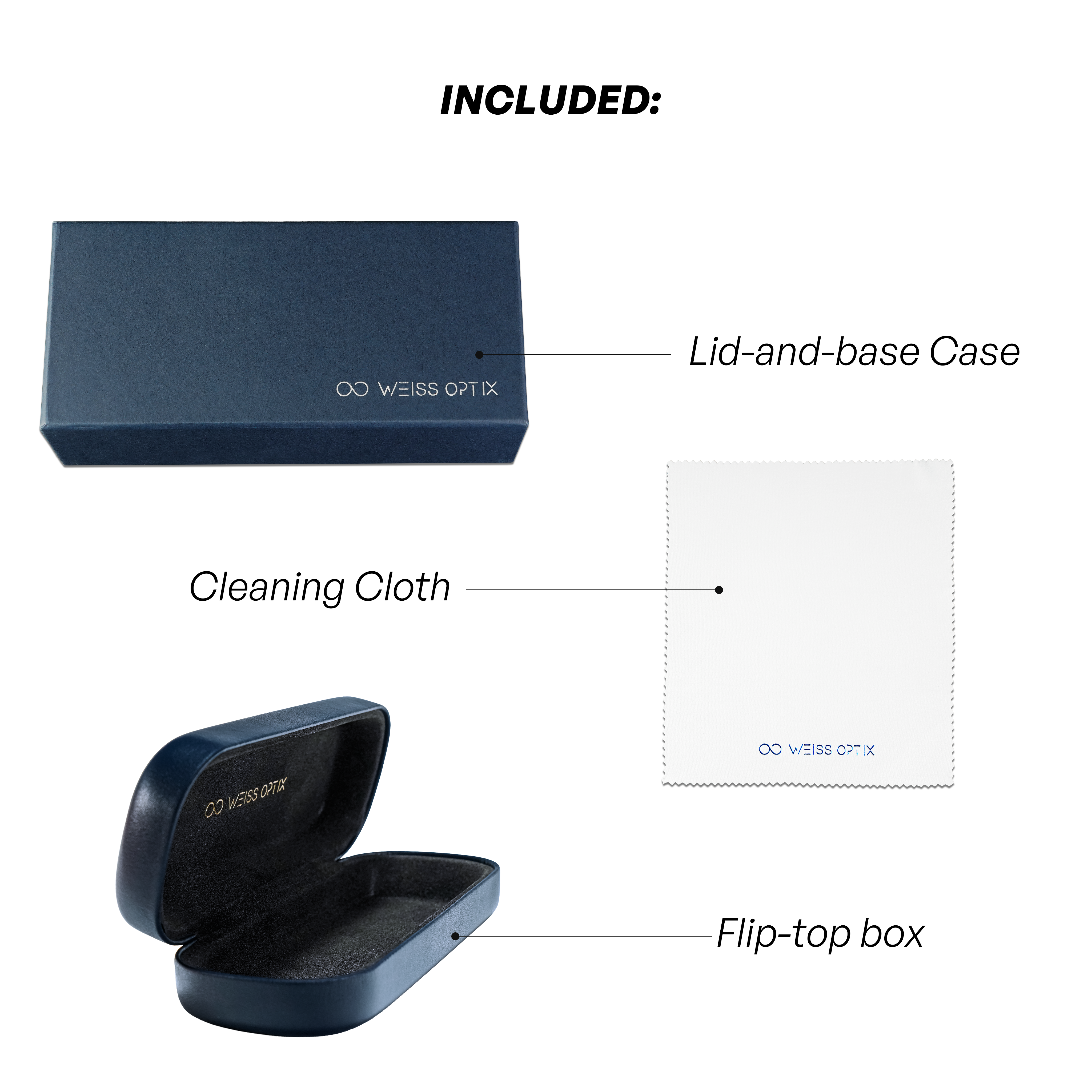 Weiss Optix eyewear case set with lid-and-base case, cleaning cloth, and flip-top box on a white background.