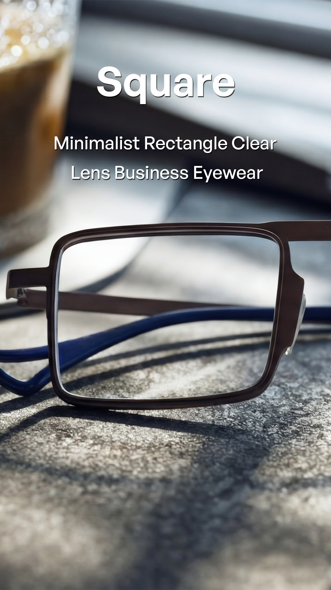 Square minimalist business eyewear with clear lenses and dark brown frames, resting on a textured surface with blue temple arms visible. Text overlay reads 'Square' and 'Minimalist Rectangle Clear Lens Business Eyewear'.